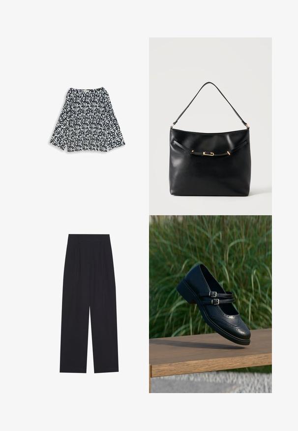 Blouse à motif floral noir et blanc avec manches longues et encolure ronde, présentée sur un fond blanc uni.; Pantalons larges noirs en tissu lisse, avec des plis, une taille plate et sans poches ni decorations visibles.; Chaussure Mary Jane en cuir noir avec doubles brides bouclées et détails brogue, flottant au-dessus d'un banc en bois avec en arrière-plan de l'herbe verte.; Sac à épaule en cuir noir avec une bandoulière unique et un petit détail de boucle dorée à l'avant, sur un fond clair uni.