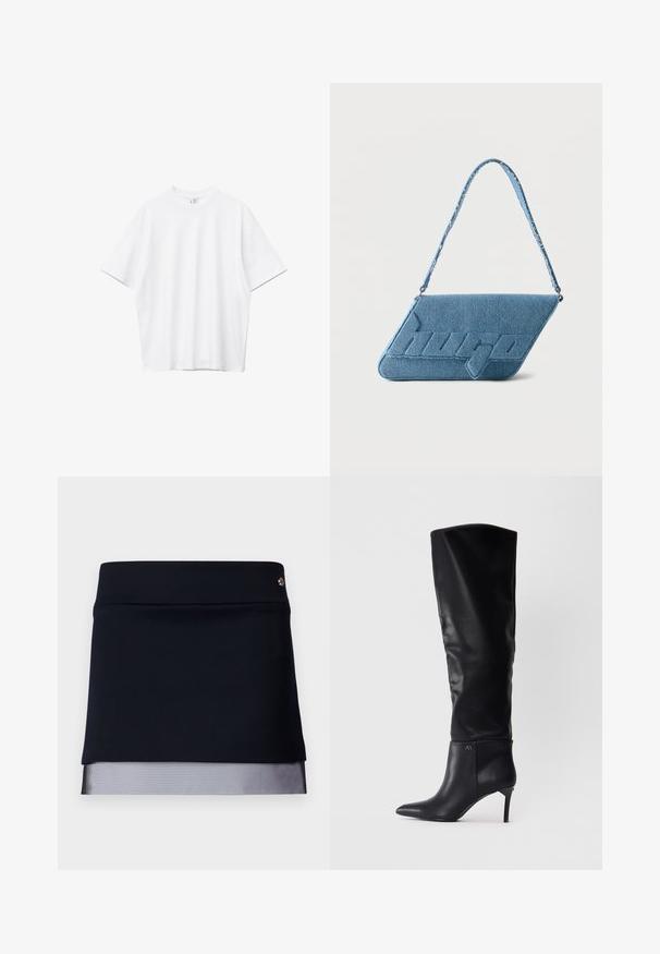 Hvid ensfarvet T-shirt med korte ærmer og rund hals, med en afslappet og let oversized pasform, på en hvid baggrund.; Sort nederdel med en tætsiddende talje og en gennemsigtig mesh kantdetalje. Stoffet er glat med et struktureret design og har en lille metalaccent.; Sorte læderstøvler over knæet med spids tå, stiletthæl og et slankt design med en logoaccent ved anklen.; Blå denim skuldertaske med en skrå flap og præget "hugo" logo, med matchende denim rem.