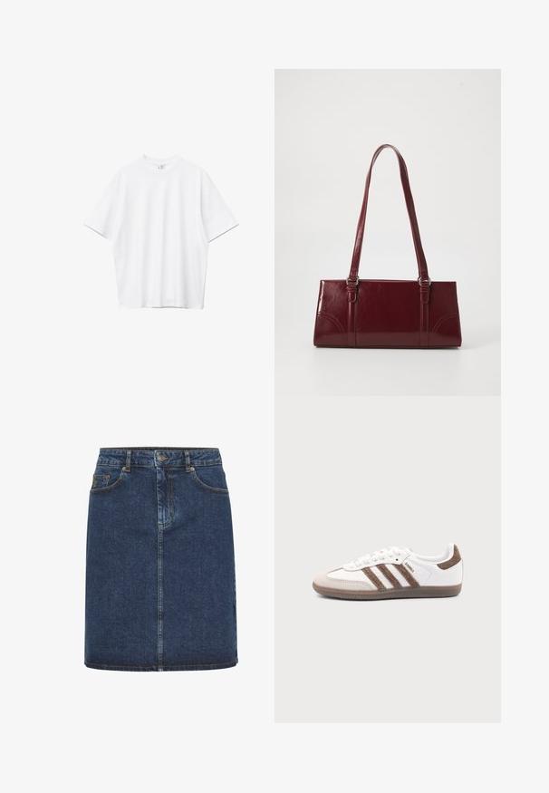 Hvid ensfarvet T-shirt med korte ærmer og rund hals, med en afslappet og let oversized pasform, på en hvid baggrund.; Mørkeblå denimnederdel med lige snit, der har lukning med knapper foran, bæltestropper og to forlommer. Blød tekstur og synlige syninger.; Hvid Adidas Samba sneaker med brune ruskindstriber, brun gummisål og beige ruskindståhætte, vist fra ydersiden på en ensfarvet baggrund.; Bordeaux håndtaske lavet af glansfuldt materiale, rektangulær form, med to skulderremme og subtile buede detaljer på forsiden.