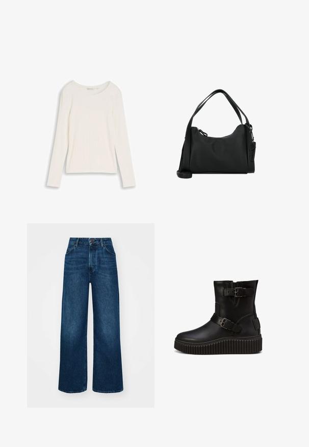 Haut en maille côtelée crème à manches longues, col rond et coupe ajustée, étalé à plat sur un fond blanc.; Jeans taille haute et à jambes larges en denim bleu foncé avec une texture lisse, des coutures contrastantes et un design à cinq poches. Fermeture à bouton à l'avant.; Bottines à plateforme noires avec deux sangles à boucle réglables et semelle nervurée, montrées de côté sur fond blanc.; Sac à main en cuir noir avec une surface texturée, une forme arrondie, deux poignées et une petite étiquette décorative sur le côté.