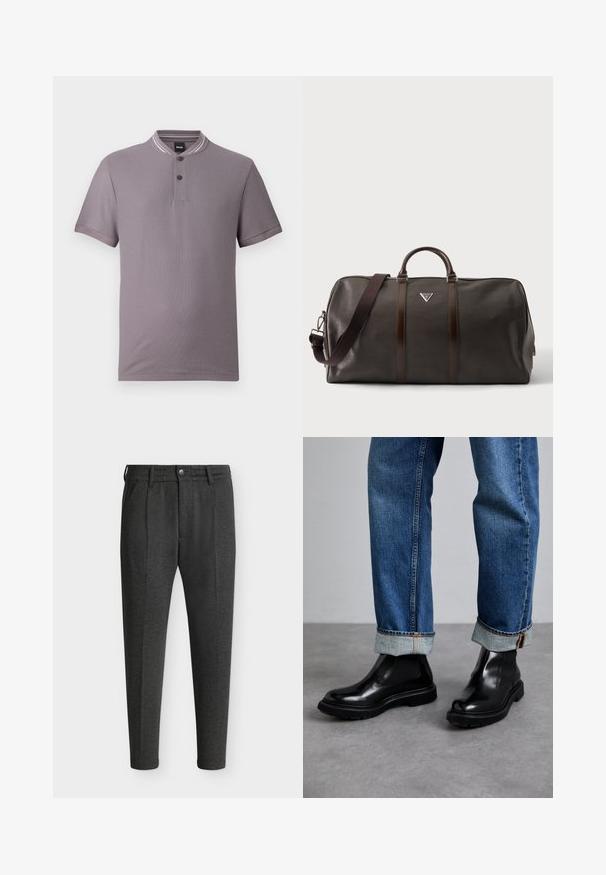 Polo gris à manches courtes avec deux boutons, poignets en côtes et détail de col rayé étiqueté "BOSS".; Pantalon gris foncé cintré avec fermeture par bouton, passants de ceinture, poches avant et coupe ajustée, sur fond blanc.; Bottines en cuir noir avec des panneaux élastiques sur les côtés et des semelles en caoutchouc texturé, associées à un jean en denim bleu retroussé.; Sac de voyage en cuir marron foncé avec doubles poignées, bandoulière réglable et petit logo triangulaire de la marque au centre avant.