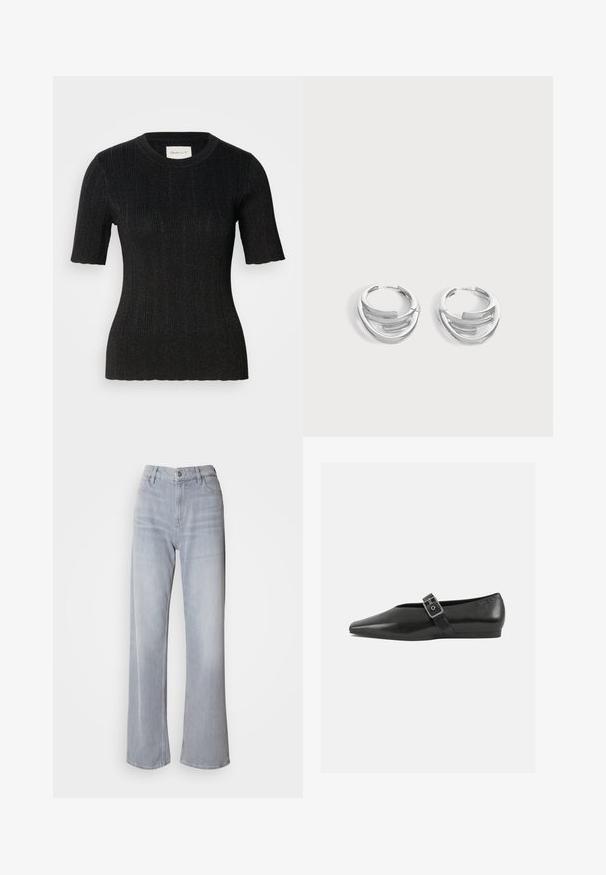 Schwarzes, geripptes Kurzarmoberteil aus einem strukturierten Stoff mit subtiler glänzender Oberfläche. Hat einen runden Ausschnitt und eine taillierte Silhouette. GANT-Label sichtbar.; Helle graue High-Waist-Jeans mit weit geschnittenem Bein, aus Denim. Verfügt über Fronttaschen, einen Reißverschluss und dezente Ausbleichungen an verschiedenen Stellen.; Schwarze Lederflachschuhe mit spitzem Zehenbereich, ausgestattet mit einem metallischen Riemen über dem Spann und einer niedrigen, flexiblen Sohle.; Paar polierte silberne Creolen mit geschichtetem, gebogenem Stabdesign auf einem einfarbigen hellen Hintergrund.