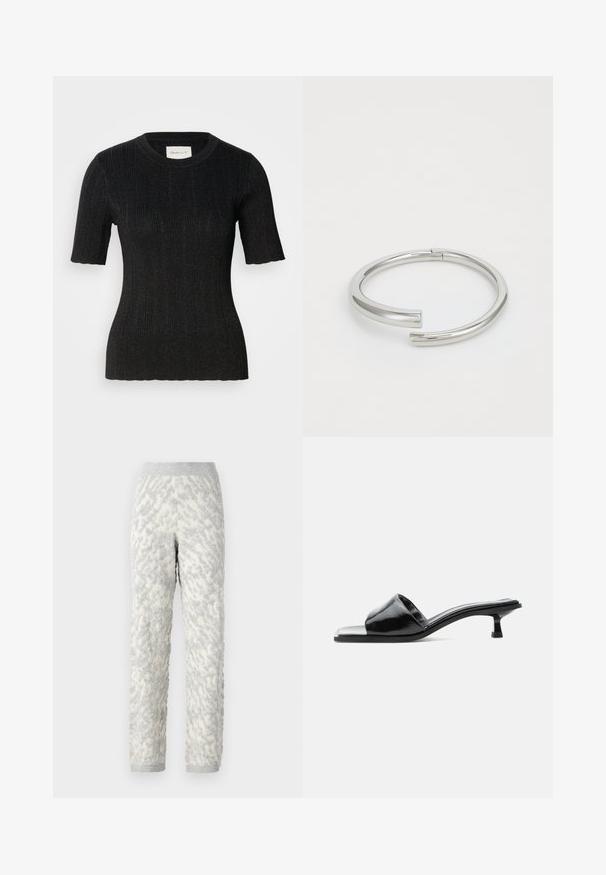 Top negro de manga corta con canalé, hecho de una tela texturizada con un brillo sutil. Presenta un escote redondo y una silueta ajustada. Etiqueta de GANT visible.; Pantalones de lounging con textura en marfil y patrones grises, con un tejido suave, cintura elástica y puños acanalados.; Mule de charol negro con punta abierta, tacón bajo tipo kitten y una amplia tira sobre los dedos, mostrado de perfil sobre un fondo liso.; Calvin Klein SPIRAL - Pulsera - silver-coloured