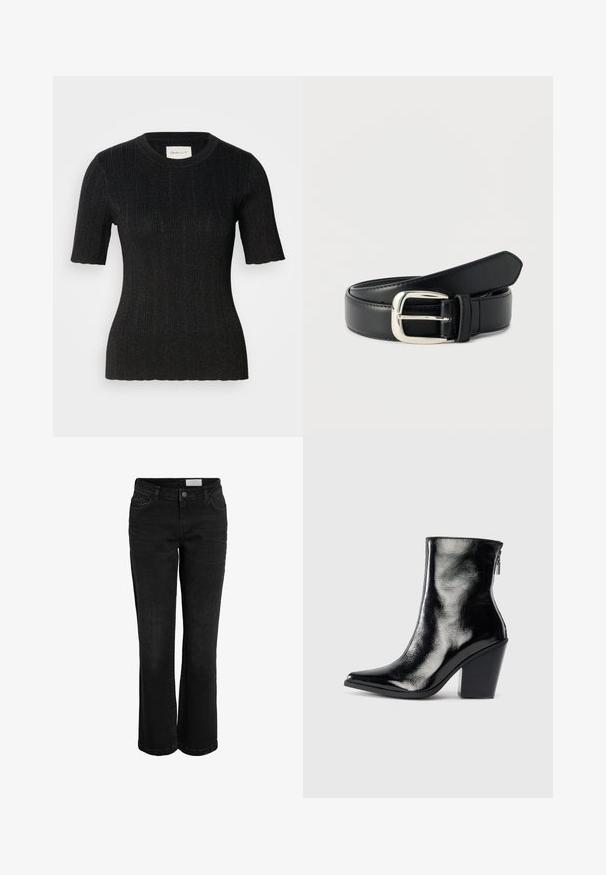 Schwarzes, geripptes Kurzarmoberteil aus einem strukturierten Stoff mit subtiler glänzender Oberfläche. Hat einen runden Ausschnitt und eine taillierte Silhouette. GANT-Label sichtbar.; Schwarze Jeans aus Denim mit schmaler Flared-Form, fünf Taschen und einem Knopfverschluss. Verfügt über dezente Nähte und einen klassischen Bund.; Schwarze Leder-Ankle Boots mit glänzendem Finish, spitzer Zehenform und Blockabsatz. Verfügt über einen seitlichen Reißverschluss für ein einfaches Anziehen.; Schwarzer Ledergürtel mit silberner rechteckiger Schnalle, aufgerollt und auf einer weißen Oberfläche liegend.