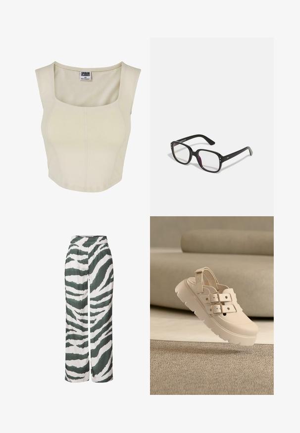 Cremefarvet crop top lavet af blød kvalitet med firkantet halsudskæring, tætsiddende design og minimal syning. Mærket siger "Urban Classics."; Bredde ben bukser lavet af letvægtsstof, med et grønt og hvidt zebra-stribe mønster. Elastisk talje med en afslappet pasform.; Beige sandal med tyk sål, to spænder og en bagrem, vist på et neutralt tæppe foran en beige sofa.; Sorte rektangulære briller med klare linser, der har afrundede kanter og sideaccenter, med en blank finish på stellet og arme.