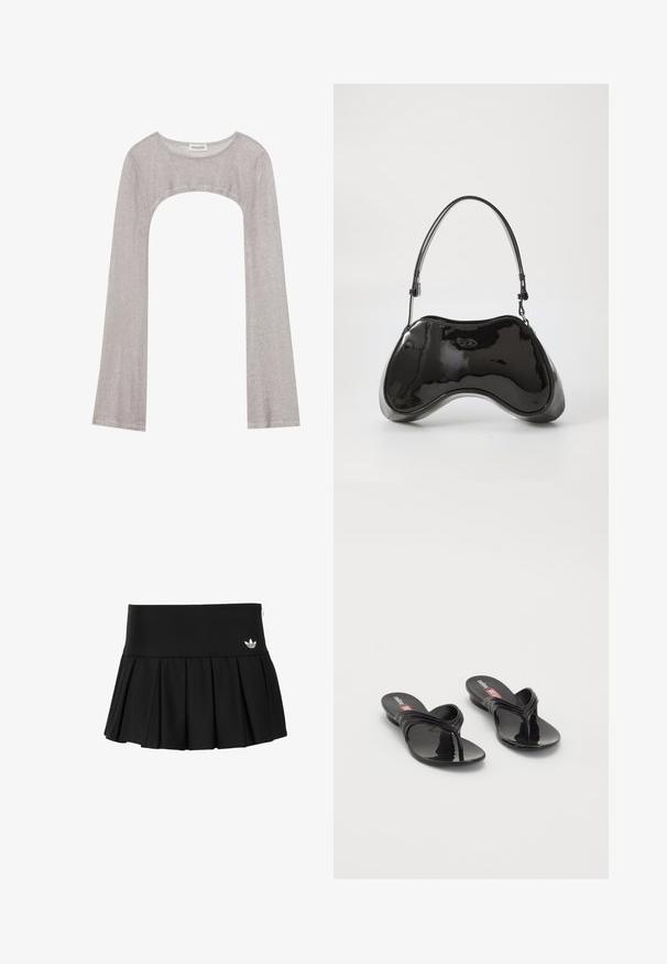 Strieborný metalický pletený bolerový sveter s dlhými rukávmi a širokým výstrihom, označený Even & Odd.; adidas Originals Minisukňa - black; Melissa QUANTUM THONG X DIESEL - Sandále T-bar - black; Čierna lakovaná kožená kabelka s jedinečným zakriveným tvarom, krátkym nastaviteľným popruhom a zipsom na vrchu. Hladká textúra s jemným brandingom.