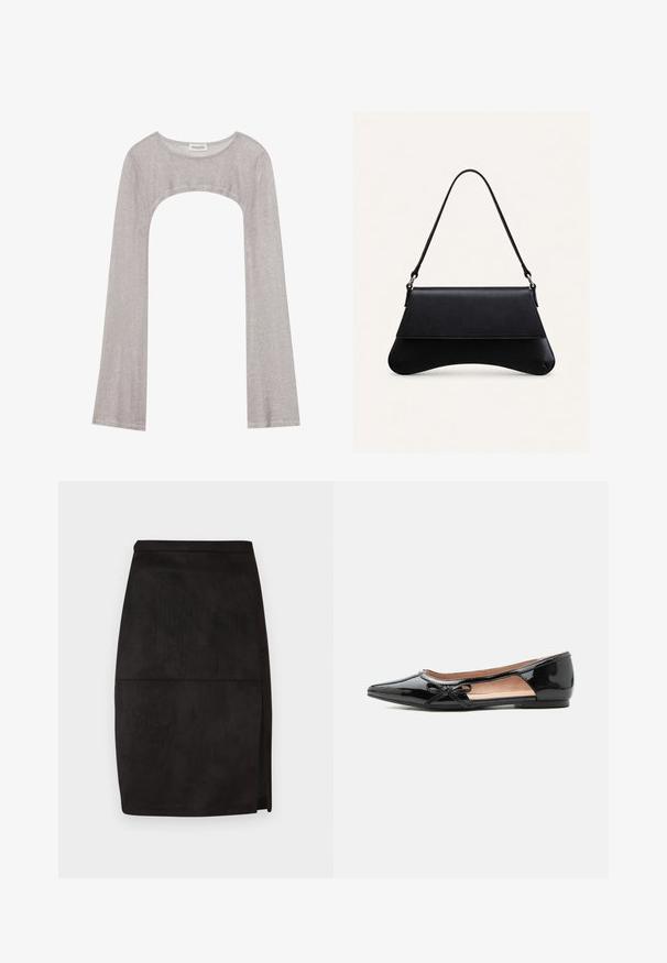 Sølvmetalisk strikket bolero-sweater med lange ærmer og bred halsudskæring, mærket Even & Odd.; Sort suedepencilskørt med lige snit, let sideslids og glat tekstur. Enkelt talje og rene designlinjer.; Sort laklæder flad sko med spids tå, sideudskæring og lille dekorativ sløjfe på ydersiden.; Sort læderhåndtaske med en buet bund, klaplukning og en enkelt tynd skulderrem mod en ensartet lys baggrund.