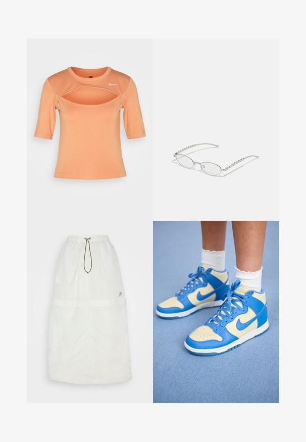 Nike Sportswear CUTOUT - Trükipildiga T-särk - amber brown/sail; Kerge materjalist pikk valge seelik. Omab elastset vööd, nööri ja väikest sinist Nike logo alumises paremas nurgas.; Sinised ja kreemjad kõrge reiega tossud, millel on perforatsioonidega varvas, kontrastse swoosh-logo ja tekstuuriga nahkpealne. Lõpetatud helesiniste nööridega.; Ovaalsed prillid metallisel hõbedasel raamile, selged läätsed ja tekstuuriga helmedega tempelaktsentidega. Kerge konstruktsioon kaarjate kätega.