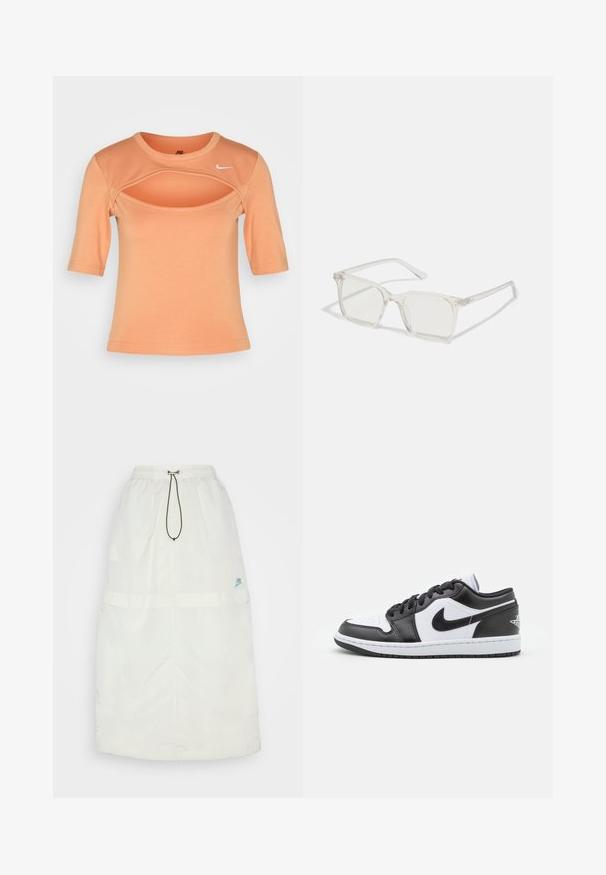 Nike Sportswear CUTOUT - Tričko s potlačou - amber brown/sail; Dlhá biela sukňa vyrobená z ľahkého materiálu. Obsahuje elastický pás, šnúrku a malé modré logo Nike v pravom dolnom rohu.; Čierno-biele nízke tenisky Nike majú hladký kožený zvršok, okrúlu špičku, šnurovacie zapínanie a vzorovanú gumovú podrážku.; Priehľadné plastové okuliare s námestovými rámami a priehľadnými šošovkami, s kultivovanými zlatými akcentmi na spánkoch pre zvýraznenie detailov.