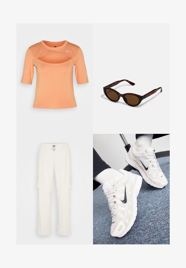Nike Sportswear CUTOUT - T-Shirt print - amber brown/sail; Weiße Cargo-Hosen mit elastischem Bund, Kordelzugverschluss und Seitentaschen. Weiche Textur und lockere Passform mit geraden Beinen.; Weiße und beige Nike-Sneaker mit einem Obermaterial aus Mesh, strukturiertem Overlay, schwarzem Swoosh und einer gepolsterten Sohle mit rutschfester Außensohle.; Braune Schildpatt-Sonnenbrille mit einer Vintage-Cat-Eye-Form und braunen Gläsern. Verfügt über gebogene Bügel mit roten Akzenten.