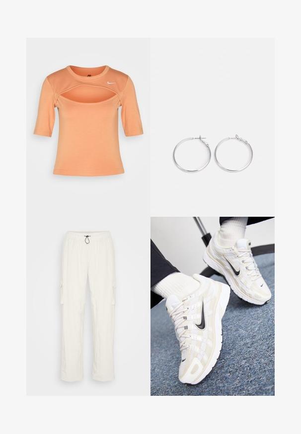 Nike Sportswear CUTOUT - T-Shirt print - amber brown/sail; Weiße Cargo-Hosen mit elastischem Bund, Kordelzugverschluss und Seitentaschen. Weiche Textur und lockere Passform mit geraden Beinen.; Weiße und beige Nike-Sneaker mit einem Obermaterial aus Mesh, strukturiertem Overlay, schwarzem Swoosh und einer gepolsterten Sohle mit rutschfester Außensohle.; sweet deluxe EARRING - Ohrringe - silver-coloured