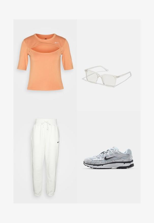Nike Sportswear CUTOUT - Tričko s potlačou - amber brown/sail; Biele teplákové nohavice vyrobené z mäkkého materiálu, s elastickým pásom a sťahovacou šnúrkou, bočnými vreckami a čiernym logom Nike na ľavom stehne.; Tenisky Nike P-6000 s vrchným materiálom z jemnej šedej sieťoviny, čiernymi akcentmi a odolnou čiernou gumovou podrážkou. Obsahujú jemný dizajn a systém šnurovania.; Priehľadné plastové okuliare s námestovými rámami a priehľadnými šošovkami, s kultivovanými zlatými akcentmi na spánkoch pre zvýraznenie detailov.