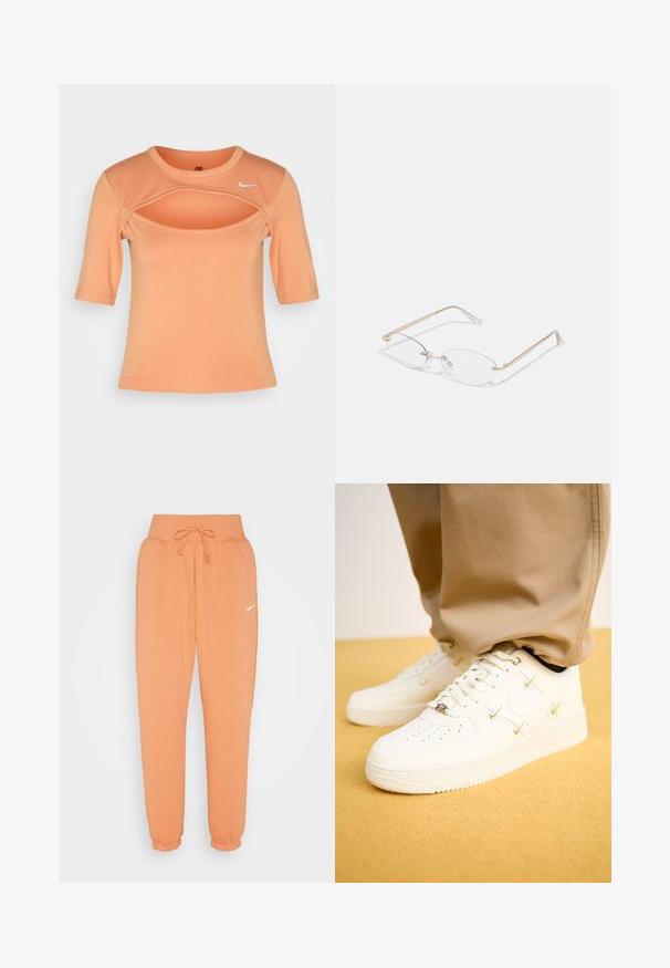 Nike Sportswear CUTOUT - T-shirt print - amber brown/sail; Nike Sportswear W PHNX FLC HR OS - Trainingsbroek - amber brown/sail; Witte leren sneakers met geperforeerde neus, gouden accenten en platte veters, gecombineerd met beige broek op een gestructureerde gele ondergrond.; Gouden metalen bril met ovale lenzen, slanke armen en transparante neus pads. Heeft subtiele scharnieraccenten en transparante lenzen.