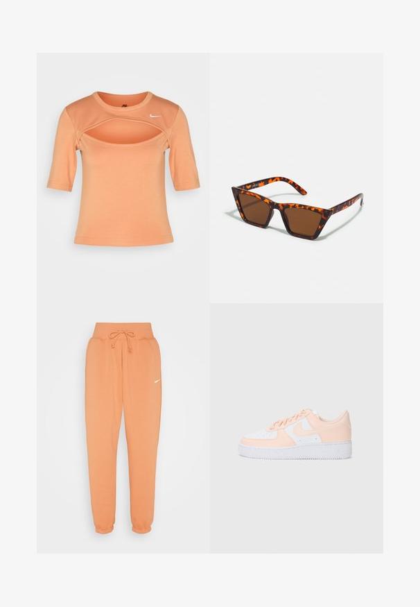 Nike Sportswear CUTOUT - Printtipaita - amber brown/sail; Nike Sportswear W PHNX FLC HR OS - Verryttelyhousut - amber brown/sail; Nike Air Force 1 -tennisit sisältävät valkoisen nahkapinnan, jossa on pehmeitä vaaleanpunaisia yksityiskohtia. Kumipohja on uurrettu paremman pidon saavuttamiseksi. Klassinen muotoilu ja nauhallinen sulku.; Ruskopuisia aurinkolaseja, joissa on kilpikonnakuosiset kehykset, kulmikkaat muotoilut ja kapeat käytävät. Kevyt muovimateriaali.