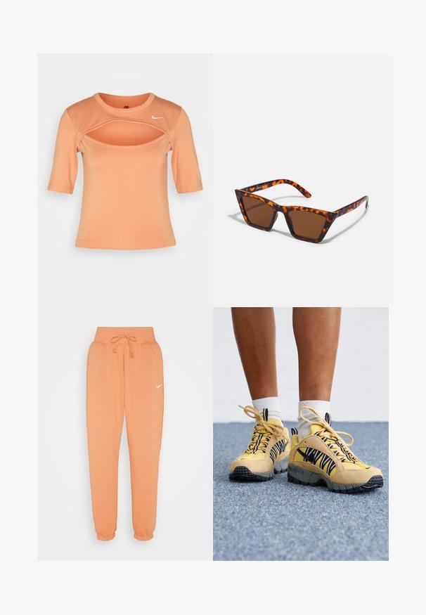 Nike Sportswear CUTOUT - T-Shirt print - amber brown/sail; Nike Sportswear W PHNX FLC HR OS - Jogginghose - amber brown/sail; Gelbe Wildleder- und Mesh-Sneaker mit schwarz-weißen gestreiften Akzenten, strukturierten Sohlen und Schnürdesign. Weiße Socken, die über dem Knöchel sichtbar sind.; Braungetönte Sonnenbrille mit Schildpattmuster, eckigem Rahmen und schlanken Bügeln. Hergestellt aus leichtem Kunststoffmaterial.