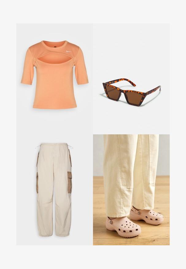 Nike Sportswear CUTOUT - T-Shirt print - amber brown/sail; BDG Urban Outfitters CONTRAST - Cargohose - beige; Helle rosa Clogs aus Gummi, mit Belüftungslöchern, einer konturierten Form und einer strukturierten Sohle für Halt. Getragen mit hellbeigen Hosen.; Braungetönte Sonnenbrille mit Schildpattmuster, eckigem Rahmen und schlanken Bügeln. Hergestellt aus leichtem Kunststoffmaterial.