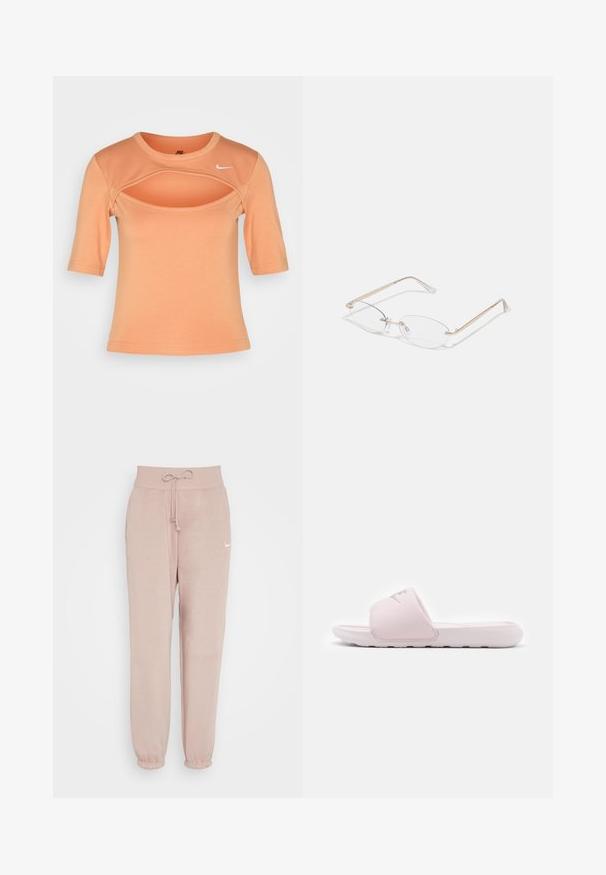 Nike Sportswear CUTOUT - Camiseta estampada - amber brown/sail; Nike Sportswear W PHNX FLC HR OS - Pantalones deportivos - diffused taupe/sail; Sandalia de slide rosa con una suela de goma flexible, tirante acolchado y diseño minimalista. Presenta un logo en la tira y textura suave.; Gafas de metal dorado con lentes ovalados, brazos delgados y almohadillas nasales transparentes. Presentan sutiles acentos en las bisagras y lentes transparentes.