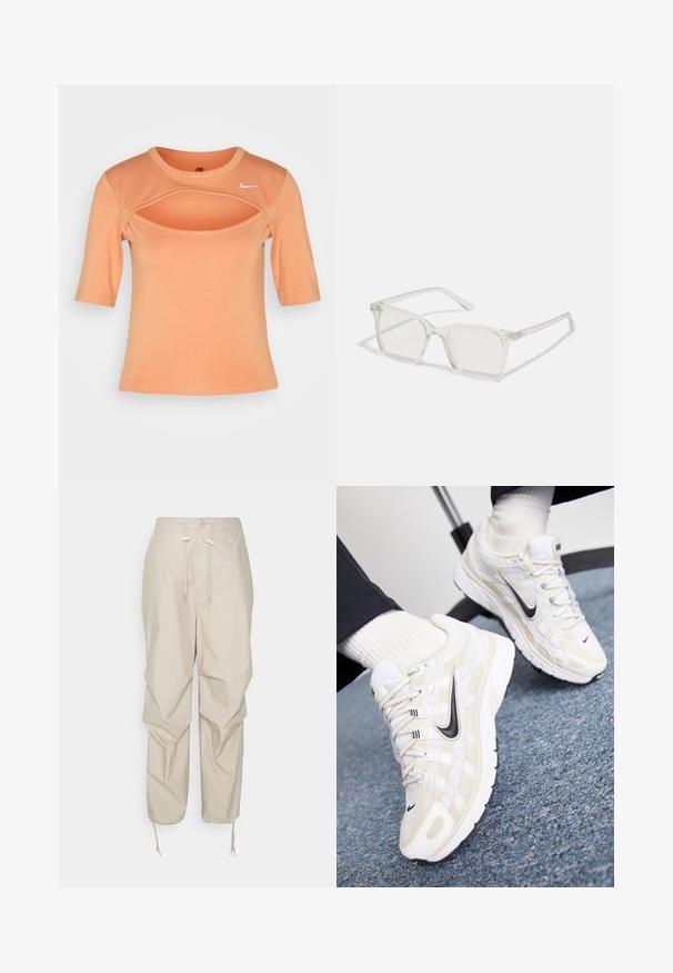 Nike Sportswear CUTOUT - Trükipildiga T-särk - amber brown/sail; Beeži utiliidipüksid, millel on nööriga vöökoht, nööpkinnitus ja kitsenevad sääred. Valmistatud kergest materjalist, millel on sile tekstuur.; Valged ja beežid Nike spordijalanõud, millel on võrkvõrk, tekstuuriga kattekiht, must swoosh ja pehmendatud põhi koos haardumisvõimelise tallaga.; Selge plastmassist ruudukujulised prilliraamid koos läbipaistvate läätsedega, millel on kuldsed aktsendid templitel, et lisada detaile.