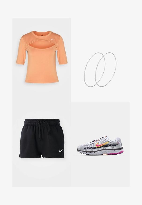 Nike Sportswear CUTOUT - T-shirts print - amber brown/sail; Sorte atletiske shorts lavet af blødt materiale, med en elastisk linning og snor, sideskår og et lille hvidt logo i nederste kant.; Grå mesh løbesko med en karakteristisk pink og gul swoosh, sorte accenter og en tekstureret gummisål. Har forstærket tå og polstret krave.; Sølvøreringe med et minimalistisk design. Cirkulær form, glat tekstur og tynd profil. Letvægtige med en poleret overflade.