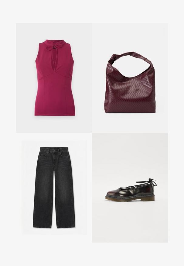 Top sin mangas de color magenta con cuello alto y escote en forma de ojo de cerradura atado con un pequeño lazo en la parte delantera.; Vaqueros negros de pierna ancha con botones y cremallera frontal, trabillas para cinturón y diseño de cinco bolsillos sobre un fondo blanco liso.; Zapato brillante de color rojo oscuro con punta redondeada, diseño con cordones, suela de goma y cordones negros, que presenta herrajes plateados y bordes cosidos.; Bolso burdeos con un patrón tejido texturizado, material de cuero suave y un solo asa anudada. Diseño espacioso estilo hobo.