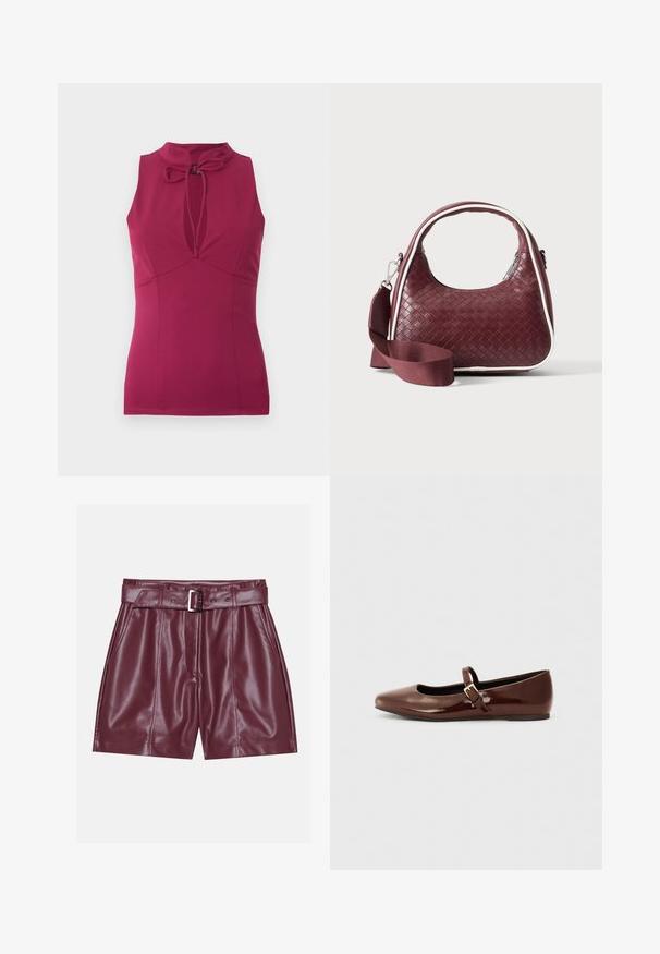 Mouwloos magenta topje met hoge kraag en een sleutelgat halslijn, voorgebonden met een klein strikje.; Bordeaux neplederen shorts met een brede tailleband, een riem met een zilveren gesp en voorplooien voor een ontspannen silhouet.; Bruine gepatineerde leren balletschoen met een vierkante neus en een bandje met een kleine gouden gesp. Gladde textuur, lage hak en minimalistisch ontwerp.; Donkerrode geweven leren handtas met gebogen handvat, witte bies, zilveren rits en afneembare brede stoffen schouderriem tegen een effen achtergrond.
