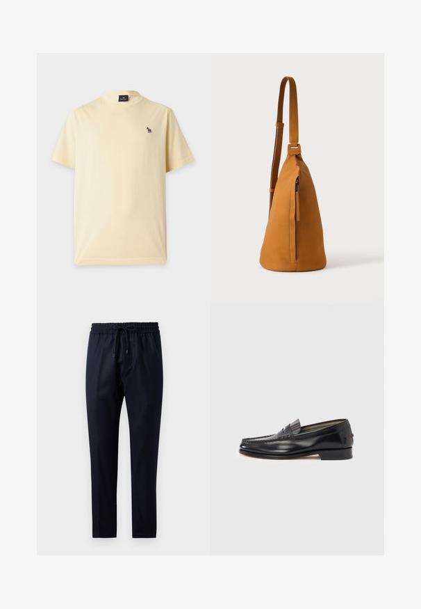 T-shirt jaune clair à manches courtes avec un petit logo zèbre multicolore sur la poitrine gauche et une étiquette noire à l’intérieur du col.; Pantalon bleu marine en tissu doux, avec une taille élastique et un cordon de serrage, coupe droite et sans motifs ni accents visibles.; Mocassins en cuir noir avec un design de style mocassin, présentant une bande décorative et un détail de couture sur le dessus. Talon bloc bas.; Sac besace en cuir couleur fauve avec sangle réglable et poche verticale zippée, présenté de profil sur un fond clair uni.