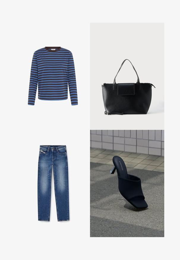 Langærmet skjorte med vandrette blå og mørkebrune striber, rund halsudskæring og lige kant nederst.; Denim jeans i medium blåt med en falmet finish. Har fem lommer, bæltestropper og lige ben. Syningerne er synlige.; Sort åben tå mule med blokhæl og firkantet tå, mærket "EVEN&ODD," placeret på gråt fortov nær flisebelagt væg.; Sort lædertaske med to håndtag, en aftagelig rem, magnetisk flaplukning og en glat overflade. Lynlåslukning øverst og dekorative syninger.