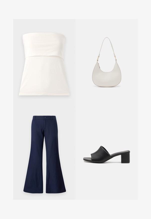 Top blanco sin mangas hecho de tejido liso y elástico. Presenta un corsé ajustado, costura debajo del busto y dobladillo recto. Diseño minimalista.; Pantalones acampanados azul marino hechos de algodón, con cierre de botón, presillas para cinturón y una textura suave con aberturas de pierna anchas.; Mulas de tacón cuadrado de cuero negro con punta abierta, que presentan una superficie lisa y una parte superior ligeramente curvada para mayor comodidad y estilo.; Bolso de hombro de cuero crema con forma de media luna, correa delgada y sutil detalle de costuras. Diseño minimalista con acentos de hardware en tono dorado.