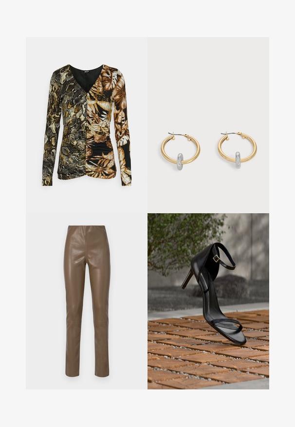 Just Cavalli SLIM DOUBLE PRINT - T-shirt à manches longues - honey mustard; Pantalons en cuir synthétique brun avec une texture lisse et brillante. Présentent une taille haute et des jambes droites, avec des détails de couture minimalistes.; Sandale noire à talon haut avec sangle à la cheville, suspendue au-dessus d'un sol en carreaux de bois à l'extérieur, avec un arrière-plan flou de verdure et de pierre.; Paire de boucles d'oreilles créoles dorées avec un petit détail boucle ton argent sur chaque, exposées sur fond gris clair.