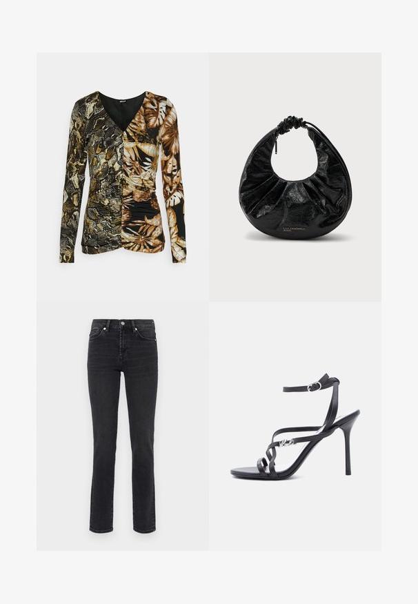 Just Cavalli SLIM DOUBLE PRINT - Top s dlhým rukávom - honey mustard; Úzke čierne denimové nohavice s stredne vysokým pásom, klasickým päťvreckovým dizajnom a jemným vyblednutím na nohách.; Čierna sandále na vysokom podpätku s tenkými remienkami, prackou na členku a kovovým logom na bočnom remienku, na bielom pozadí.; Čierna polmesiacová kabelka s nariasenou rukoväťou a zipsom, lesklá zvrásnená textúra a logo "KARL LAGERFELD JEANS" na prednej strane.