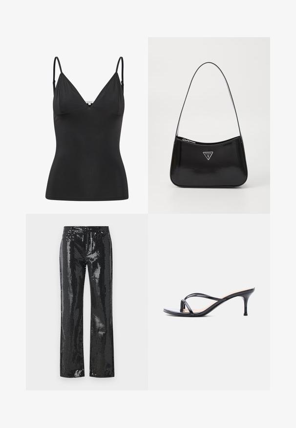 Camisole noire ajustée avec des bretelles fines réglables, décolleté en V, conception sans coutures et texture lisse. Fabriquée en matériau doux et extensible.; Pantalons noirs pailletés avec une coupe ajustée et un bas évasé. Le tissu a une texture brillante avec un motif de petits disques réfléchissants.; Sandale à talon en cuir verni noir avec fines lanières croisées et talon aiguille moyen et élancé sur fond blanc.; Sac à épaule en cuir verni noir avec une forme incurvée, présentant un logo triangle en argent et une fermeture éclair. Texture lisse et bandoulière fine.
