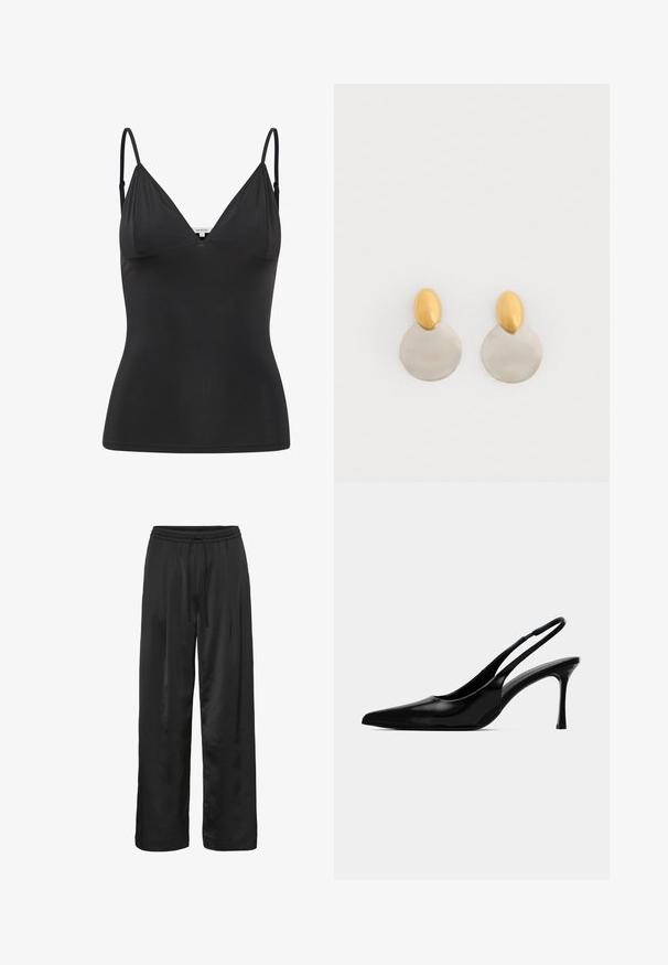 Camisola negra ajustada con tirantes delgados ajustables, escote en V, diseño sin costuras y textura suave. Hecha de un material suave y elástico.; Pantalones de pierna ancha negros, hechos de una tela suave y brillante. Cuentan con una cinturilla elástica con cordón para un ajuste ajustable.; Tacón slingback de charol negro con punta afilada, diseño elegante y tacón stiletto estrecho. Textura suave, adornos minimalistas.; Pendientes de metal dorado y plateado con base de disco redondo y pieza superior ovalada, textura suave y acabado pulido.
