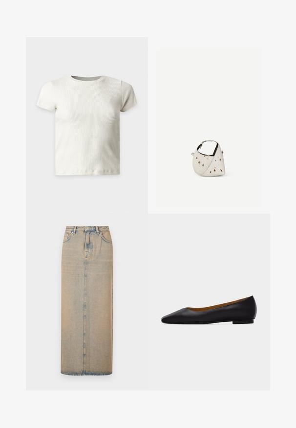 T-shirt blanc à manches courtes côtelé avec col rond, présenté de face sur un fond uni clair.; Une longue jupe en denim bleu clair avec une coupe droite. Comprend cinq poches, des passants de ceinture et un multiplicateur de boutons à l'avant. Texture décolorée sur toute la surface.; Chaussure plate en cuir noir à bout pointu avec talon bas et finition lisse, vue de côté sur un fond gris clair.; Petit sac à main blanc avec des taches marron, forme triangulaire arrondie, doublure intérieure noire et bandoulière courte réglable avec boucle argentée.