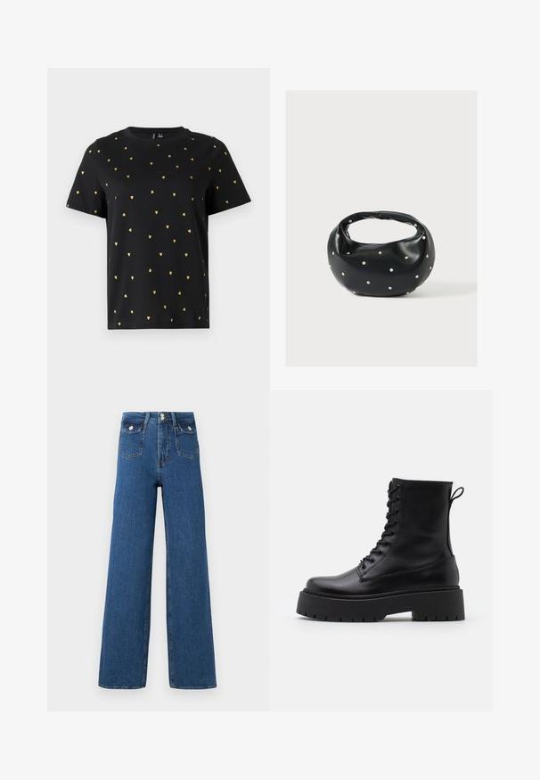 Schwarzes Kurzarm-T-Shirt aus Baumwolle mit kleinen goldenen Herzmotiven, die gleichmäßig über den Stoff verteilt sind. Runder Ausschnitt.; Weite Jeans aus dunklem Denim. Verfügt über zwei Vordertaschen und einen Knopfverschluss. Glatte Textur mit sichtbaren Nähten und strukturierter Form.; Schwarze Lederstiefeletten mit runder Zehenpartie, Schnürung vorne und einer dicken Gummisohle mit strukturiertem Profil. Mit Zugschlaufe an der Rückseite.; Schwarze Lederhandtasche mit abgerundeter Form, verziert mit silbernen Nietenakzenten und kurzem Griff. Glatte Struktur und Reißverschlussverschluss.