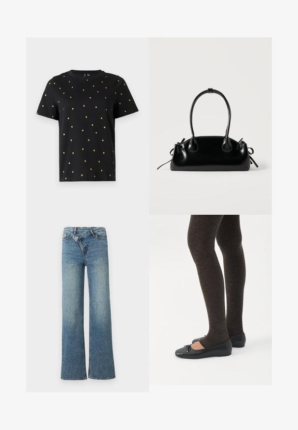 Sort T-shirt med korte ærmer lavet af bomuld, prydet med små guld hjerter, der er jævnt fordelt over stoffet. Rund halsudskæring.; Lyseblå denim jeans med vide ben og høj talje, let falmet effekt og knaplukning foran. Har fem lommer og minimal syning.; Ben iført mørke ribbede leggings kombineret med sorte balletsko med små sløjfedetaljer på hvid baggrund.; Lille sort blank håndtaske med to lange håndtag og snøre-detaljer i siden på en ensfarvet lys baggrund.