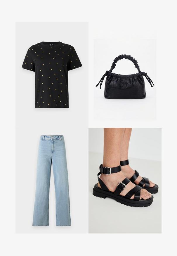 Zwart T-shirt met korte mouwen van katoen, bezaaid met kleine gouden hartjespatronen die gelijkmatig over de stof verspreid zijn. Ronde halslijn.; Lichtblauwe high-waisted wijde denim jeans met knoop- en ritsluiting aan de voorkant, riemlussen en geen zichtbare slijtage.; Zwarte leren sandalen met brede banden en een enkelgesp. Stevige zool met een getextureerde afwerking. Open teenontwerp voor ademend vermogen.; Zwarte handtas met krokodillenstructuur, geplooide bovenrand, samengevoerde handgreep en koordtassels aan elke kant tegen een witte achtergrond.