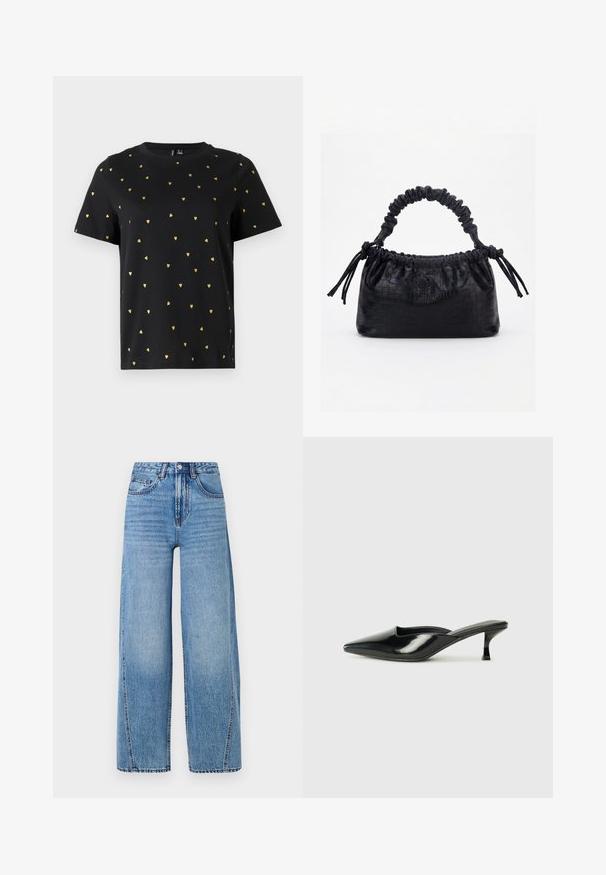 Sort T-shirt med korte ærmer lavet af bomuld, prydet med små guld hjerter, der er jævnt fordelt over stoffet. Rund halsudskæring.; Højtaljede, lyseblå, brede denim jeans med forlommer, bælteløkker, knaplukning og synlige sømdetaljer.; Sorte patenterede lædermules med spids tå, lav kittenheel og buede sider, der har en glansfuld finish og minimalistisk design.; Sort taske med krokodilletekstur, rynket øverste kant, samlet hank og snore med kvaster på hver side mod en hvid baggrund.