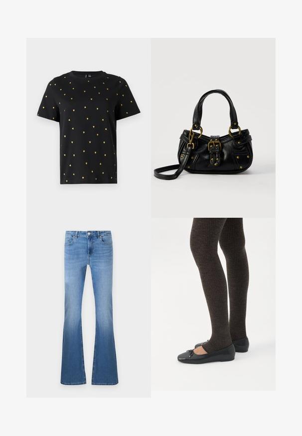 T-shirt noir à manches courtes en coton, arborant de petits motifs en forme de cœur doré répartis uniformément sur le tissu. Col rond.; Jeans évasés bleu clair avec une finition délavée, dotés d'une fermeture à bouton et à glissière à l'avant, de cinq poches et de détails de couture visibles.; Jambes portant des leggings côtelés foncés associés à des ballerines noires avec de petits détails en nœud sur fond blanc.; Sac à main en cuir noir avec boucle dorée et détails à rivets, poignées courtes et bandoulière réglable sur fond blanc uni.