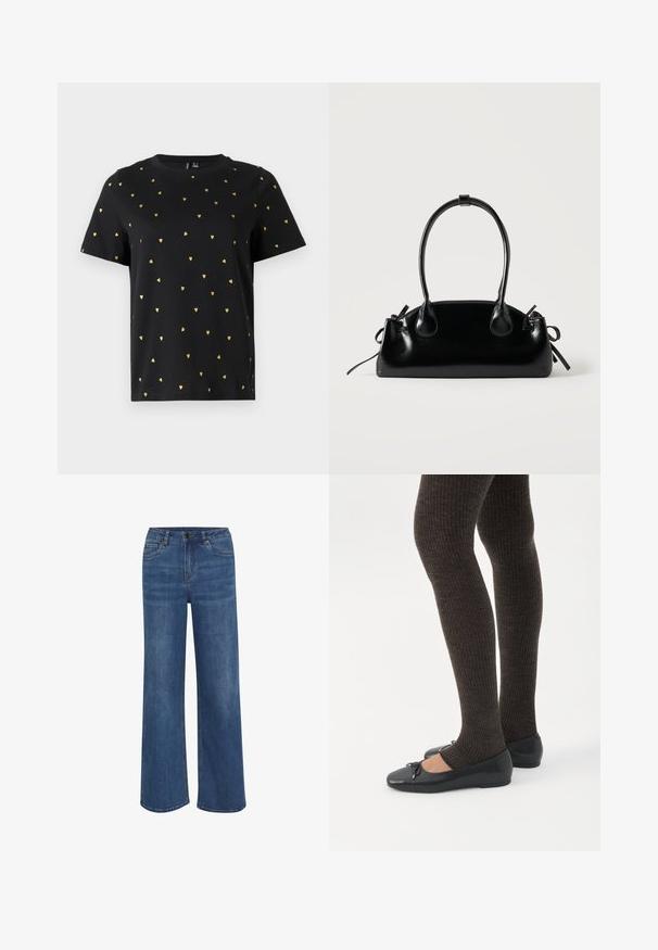 Sort T-shirt med korte ærmer lavet af bomuld, prydet med små guld hjerter, der er jævnt fordelt over stoffet. Rund halsudskæring.; Bredde jeans lavet af medium blå denim. Har en knap- og lynlåslukning, fem lommer og subtil falmning på stoffet.; Ben iført mørke ribbede leggings kombineret med sorte balletsko med små sløjfedetaljer på hvid baggrund.; Lille sort blank håndtaske med to lange håndtag og snøre-detaljer i siden på en ensfarvet lys baggrund.