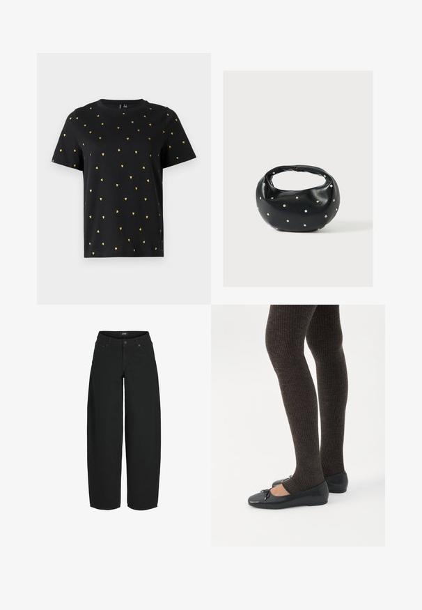 Zwart T-shirt met korte mouwen van katoen, bezaaid met kleine gouden hartjespatronen die gelijkmatig over de stof verspreid zijn. Ronde halslijn.; Zwarte cropped jeans met wijde pijpen, voorzijde met knoop- en ritssluiting, voor- en achterzakken, merklabel op de tailleband.; Benen met donkere geribbelde leggings gecombineerd met zwarte ballerina's met kleine strikdetails op een witte achtergrond.; Zwarte leren handtas met een afgeronde vorm, versierd met zilveren studs, en een korte handgreep. Gladde textuur en ritsluiting.