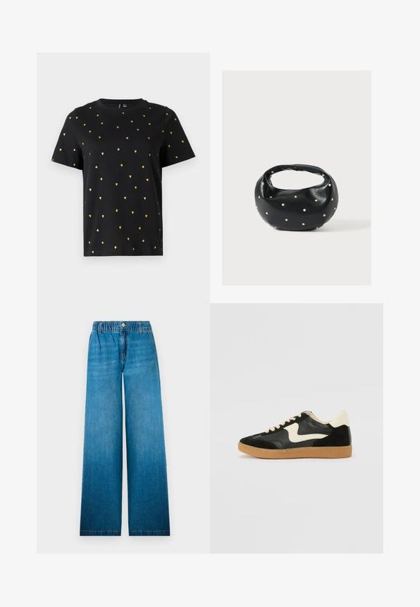 T-shirt noir à manches courtes en coton, arborant de petits motifs en forme de cœur doré répartis uniformément sur le tissu. Col rond.; Jean à jambes larges en denim bleu clair, dotés d'une taille élastique, d'une fermeture à bouton et d'un design droit avec un effet décoloré.; Baskets en daim et cuir noir avec un swoosh latéral crème et un talon crème clair. Dotées de lacets beige et d'une semelle en caoutchouc gomme.; Sac à main en cuir noir de forme arrondie, décoré de clous argentés et équipé d'une poignée courte. Texture lisse et fermeture éclair.