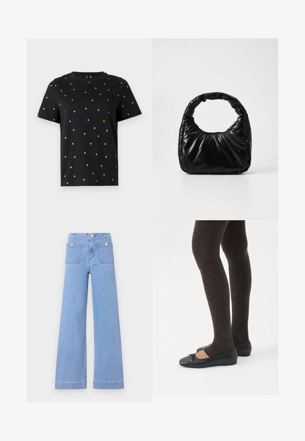 Zwart T-shirt met korte mouwen van katoen, bezaaid met kleine gouden hartjespatronen die gelijkmatig over de stof verspreid zijn. Ronde halslijn.; Lichtblauwe wijde jeans met hoge taille, twee achterzakken en gouden knopen. Gemaakt van denim met een gladde textuur en een nette afwerking.; Benen met donkere geribbelde leggings gecombineerd met zwarte ballerina's met kleine strikdetails op een witte achtergrond.; Zwarte gevoerde handtas met een ronde handgreep, met een gladde, glanzende oppervlakte en een zachte, gewatteerde textuur. Geen zichtbare metalen onderdelen of accenten.