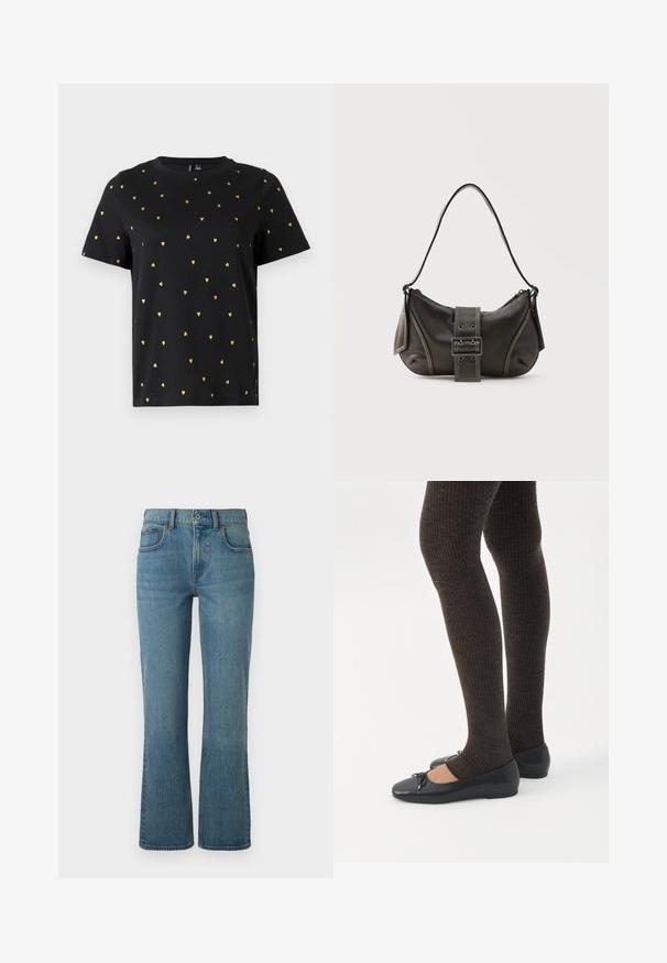 Sort T-shirt med korte ærmer lavet af bomuld, prydet med små guld hjerter, der er jævnt fordelt over stoffet. Rund halsudskæring.; Lysblå flagrende jeans lavet af denim, med fem lommer, en frontknaplukning og subtil fading for tekstur.; Ben iført mørke ribbede leggings kombineret med sorte balletsko med små sløjfedetaljer på hvid baggrund.; Sort læder skuldertaske med spænde på remmen, afrundede kanter og kontrasterende hvide syninger på en ensfarvet baggrund.