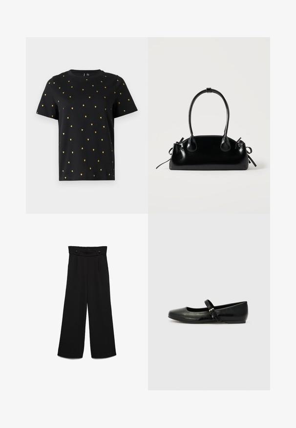 Camiseta negra de manga corta hecha de algodón, con pequeños patrones de corazones dorados distribuidos uniformemente por toda la tela. Cuello redondo.; Pantalones negros de pierna ancha con una pretina alta, que cuentan con dos botones frontales y una textura suave. Corte recto con pliegues en la parte delantera.; Bailarinas de cuero negro con punta redondeada, suela plana y una delgada correa ajustable en el empeine que cuenta con una hebilla de metal.; Pequeño bolso negro brillante con dos asas largas y detalles de cordón lateral sobre un fondo claro liso.