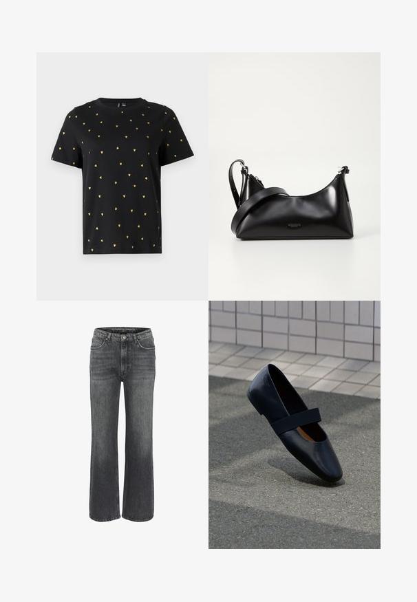 Schwarzes Kurzarm-T-Shirt aus Baumwolle mit kleinen goldenen Herzmotiven, die gleichmäßig über den Stoff verteilt sind. Runder Ausschnitt.; Weite Jeans aus dunkelgrauem Denim mit klassischem Fünf-Taschen-Design, genähten Details und einem Knopfverschluss an der Taille.; Schwarze Leder-Ballerina mit runder Zehenpartie, ausgestattet mit einem weichen schwarzen Elastikband über dem Vorderfuß. Glatte Textur und minimalistisches Design.; Schwarze lederne Handtasche mit glatter Textur. Verfügt über einen verstellbaren Riemen und ein elegantes, minimalistisches Design mit einem Reißverschluss.