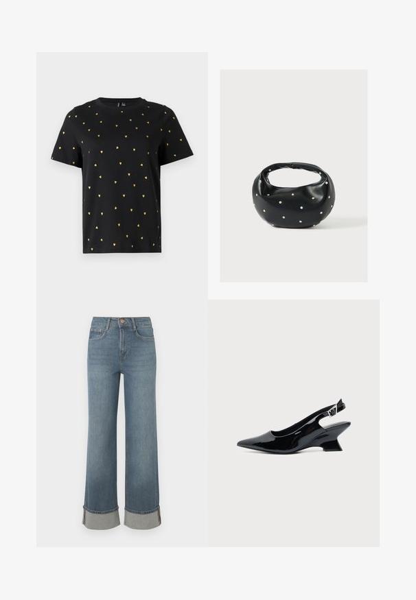 Sort T-shirt med korte ærmer lavet af bomuld, prydet med små guld hjerter, der er jævnt fordelt over stoffet. Rund halsudskæring.; Bredde ben blå denim jeans har en høj talje, manchettekanter med grå detaljer, fem-lomme design og en frontknaplukning.; Sort laklæder slingback sko med spids tå og lav vinklet blokhæl på ensartet lys baggrund.; Sort læderhåndtaske med en rundet form, dekoreret med sølvnitter, og et kort håndtag. Glat tekstur og lynlåslukning.