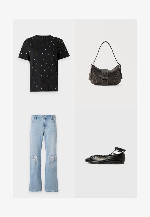 Sort T-shirt med korte ærmer lavet af bomuld, prydet med små guld hjerter, der er jævnt fordelt over stoffet. Rund halsudskæring.; Lysblå denimjeans med lige ben-design, der har to knærevner, en metalknaplukning og fem lommer.; Sorte balletflade sko i laklæder med rundet tå, snørelukning og flad sål. Glat tekstur med få detaljer.; Sort læder skuldertaske med spænde på remmen, afrundede kanter og kontrasterende hvide syninger på en ensfarvet baggrund.