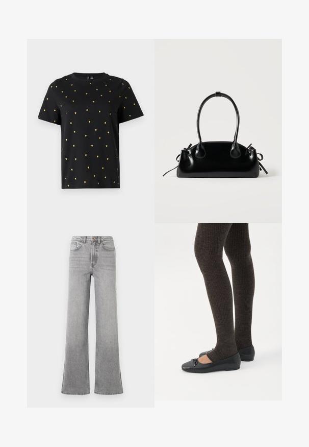 Camiseta negra de manga corta hecha de algodón, con pequeños patrones de corazones dorados distribuidos uniformemente por toda la tela. Cuello redondo.; Jeans de mezclilla gris de campana con una cintura alta, bolsillos delanteros, trabillas para el cinturón y un sutil diseño descolorido, presentados sobre un fondo blanco.; Piernas con leggings oscuros acanalados combinados con bailarinas negras que presentan pequeños detalles de lazo sobre un fondo blanco.; Pequeño bolso negro brillante con dos asas largas y detalles de cordón lateral sobre un fondo claro liso.