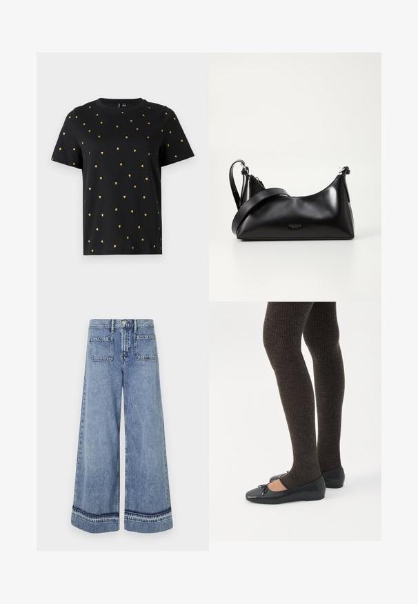 Schwarzes Kurzarm-T-Shirt aus Baumwolle mit kleinen goldenen Herzmotiven, die gleichmäßig über den Stoff verteilt sind. Runder Ausschnitt.; Hellblaue Denim-Weitbeinjeans mit hoher Taille, zwei Gesäßtaschen und kontrastierenden Nähten an den Säumen.; Beine in dunklen, gerippten Leggings kombiniert mit schwarzen Ballerinas mit kleinen Schleifendetails auf weißem Hintergrund.; Schwarze lederne Handtasche mit glatter Textur. Verfügt über einen verstellbaren Riemen und ein elegantes, minimalistisches Design mit einem Reißverschluss.