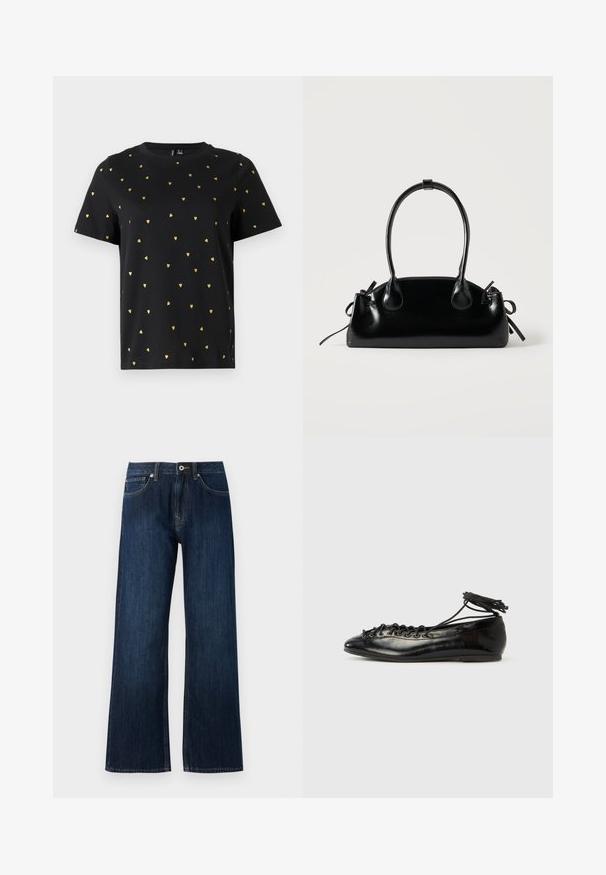 Sort T-shirt med korte ærmer lavet af bomuld, prydet med små guld hjerter, der er jævnt fordelt over stoffet. Rund halsudskæring.; Bredde ben mørkeblå jeans lavet af denim, med lynlås og knaplukning, samt to forreste lommer med kontrasterende syninger.; Sorte balletflade sko i laklæder med rundet tå, snørelukning og flad sål. Glat tekstur med få detaljer.; Lille sort blank håndtaske med to lange håndtag og snøre-detaljer i siden på en ensfarvet lys baggrund.